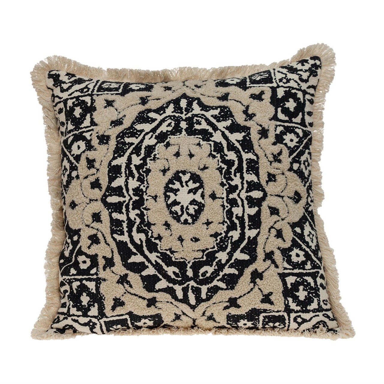 Nassau Collection 18" Black and Beige Embroidered Ethnic Design Throw Pillow